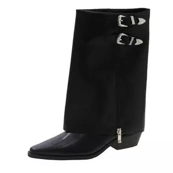 Женские сапоги до середины голени с круглым носком, новинка 2024 года, модные черные классные туфли на плоской подошве со средним каблуком и пряжкой на ремне, зимние сапоги для женщин, размер 40 35 чёрный