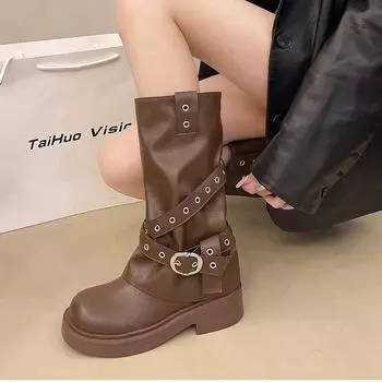 Женские сапоги до середины голени с пряжкой на ремне, модные туфли на низком квадратном каблуке, лаконичные длинные сапоги для женщин, сапоги на платформе, новые 35