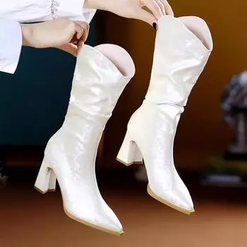 Женские сапоги до середины голени, сексуальные туфли на высоком каблуке с острым носком, туфли «Челси», роскошные туфли-лодочки для вечеринок, осенние, новые, мотоциклетные, готические, Botas De Mujer 35