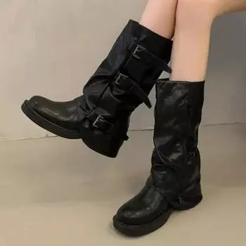Женские сапоги до середины икры 2025 года, новые плиссированные дизайнерские сапоги на низком каблуке из искусственной кожи с черной пряжкой в стиле панк, женские мотоциклетные сапоги 35 чёрный