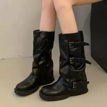 Женские сапоги до середины икры 2025 года, новые плиссированные дизайнерские сапоги на низком каблуке из искусственной кожи с черной пряжкой в стиле панк, женские мотоциклетные сапоги 35 чёрный