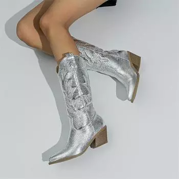 Женские сапоги до середины икры, ботинки в стиле вестерн с острым носком на толстом высоком каблуке, женская модная обувь, осень-зима, серебристый, золотой, черный 42