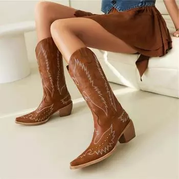 Женские сапоги до середины икры с острым носком, на толстом высоком каблуке с заклепками и вышивкой, ботинки в стиле «ковбойша» в западном стиле, женская модная обувь, зимняя обувь 43 34 чёрный