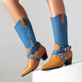 Женские сапоги до середины икры с острым носком, на толстом среднем каблуке, на молнии с пряжкой, разноцветные ковбойские сапоги в стиле вестерн, женская обувь, зимняя 43 35 синий