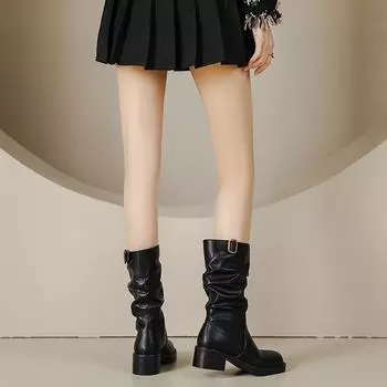 Женские сапоги до середины икры в стиле ретро с плиссировкой и толстым каблуком в популярном стиле осень/зима 2024 года. 36 чёрный