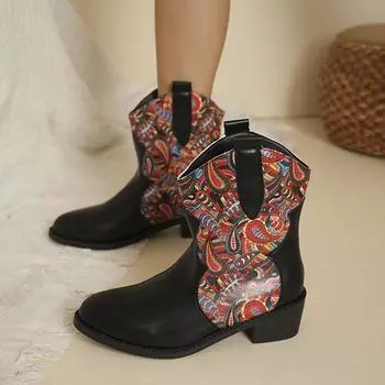 Женские сапоги европейского американского цвета с цветными блоками 2024 года, осень-зима, новые, ковбойские, большие, модные, женские, короткие сапоги на платформе 35