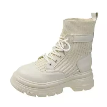 Женские сапоги Flying Weaving осень-зима новые круглые носки на высоком каблуке удобные короткие сапоги на плоской подошве со шнуровкой модные ботильоны 35