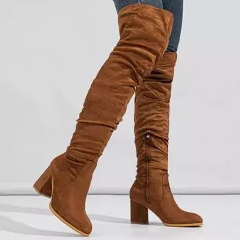 Женские сапоги из флока на высоком толстом каблуке, женские зимние сапоги выше колена с боковой молнией, женские модные сапоги для офиса с оборками 35