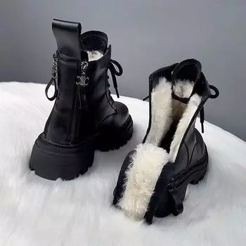 Женские сапоги из хлопка и меха на толстой подошве 2024 года, осень-зима, новые зимние бархатные утепленные и теплые сапоги Martin для женщин 35
