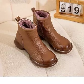 Женские сапоги из коровьей кожи осень-зима толстая подошва плюшевая изоляция короткие сапоги мода ретро прогулочная повседневная обувь путешествия роскошь 40 чёрный