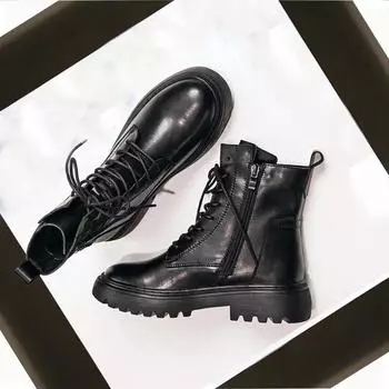 Женские сапоги из натуральной коровьей кожи с круглым носком и толстым каблуком, рыцарские сапоги на платформе, ботильоны для женщин, зимние сапоги 35 чёрный