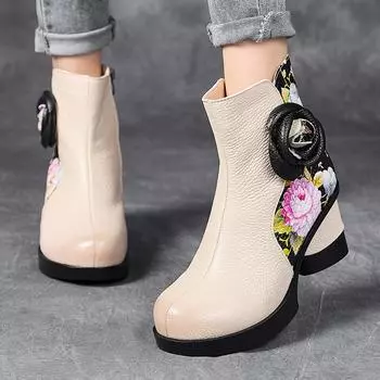 Женские сапоги из натуральной кожи 2024 года, модные сапоги ручной работы в стиле ретро, высокие каблуки, ботильоны, женские туфли из коровьей кожи с цветочным принтом 225 бежевый