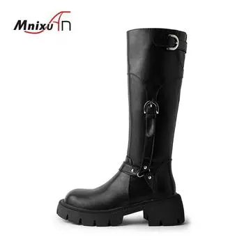 Женские сапоги из натуральной кожи до колена, панк-сапоги с пряжкой на ремне, рыцарские сапоги для верховой езды, женские коричневые туфли на платформе с круглым носком и молнией 35