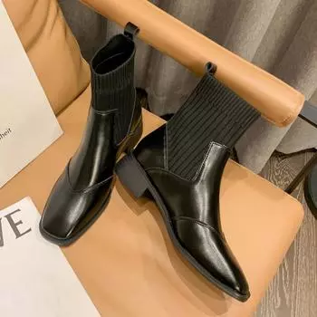 Женские сапоги из натуральной кожи, короткие эластичные сапоги на толстом каблуке, новые осенне-зимние вязаные сапоги-носки с квадратным носком, женская обувь 34 коричневый