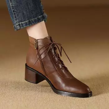 Женские сапоги из натуральной кожи, лидер продаж, осенняя обувь для женщин, зимние сапоги ручной работы, туфли на толстом каблуке с круглым носком, Zapatos Mujer 34 чёрный