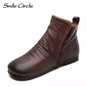 Женские сапоги из натуральной кожи с круглым носком, на молнии, короткие, модные, повседневные, в стиле ретро 35 коричневый