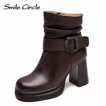 Женские сапоги из натуральной кожи с круглым носком, на молнии, с толстой подошвой, модные повседневные сапоги на каблуке 35 коричневый