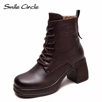 Женские сапоги из натуральной кожи с круглым носком, на шнуровке, на толстой подошве, модные повседневные сапоги на высоком каблуке 35 коричневый