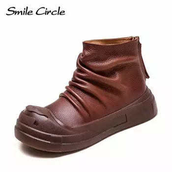 Женские сапоги из натуральной кожи с круглым носком, увеличивающие рост, с толстой подошвой, удобные, модные, повседневные сапоги 35 коричневый