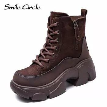 Женские сапоги из натуральной кожи с круглым носком, плюшевые сапоги с толстой подошвой, удобные модные повседневные сапоги 35 красный