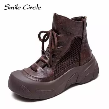 Женские сапоги из натуральной кожи с выемками для увеличения высоты сапог с толстой подошвой, модные повседневные ботильоны 35 коричневый