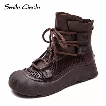 Женские сапоги из натуральной кожи с выемками для увеличения высоты сапог с толстой подошвой, модные повседневные ботильоны 35 коричневый