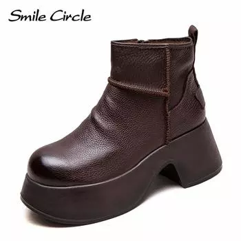 Женские сапоги из натуральной кожи с круглым носком, увеличивающие рост, с толстой подошвой, удобные, модные, повседневные сапоги 35 коричневый