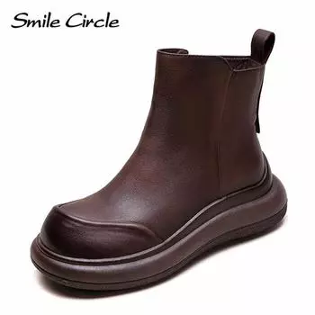 Женские сапоги из натуральной кожи с круглым носком, увеличивающие рост, с толстой подошвой, удобные, модные, повседневные сапоги 35 коричневый