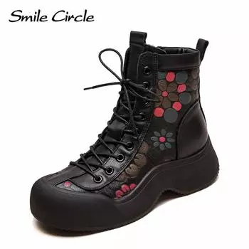 Женские сапоги из натуральной кожи с круглым носком, плюшевые сапоги с толстой подошвой, удобные модные повседневные сапоги 35 чёрный