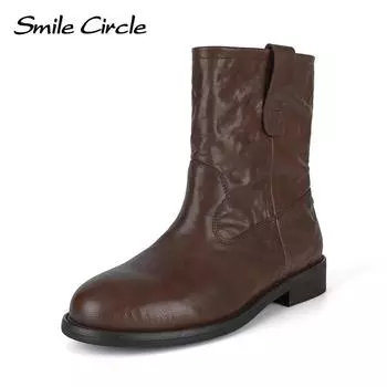 Женские сапоги из натуральной кожи, с круглым носком, без застежек, казацкие сапоги, модные, удобные, повседневные сапоги 35 коричневый