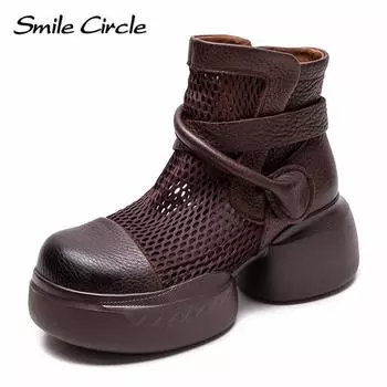 Женские сапоги из натуральной кожи с выемками для увеличения высоты сапог с толстой подошвой, модные повседневные ботильоны 35 коричневый