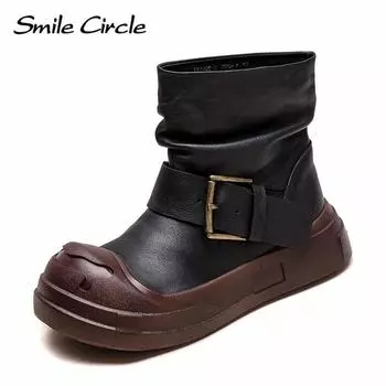 Женские сапоги из натуральной кожи с круглым носком, увеличивающие рост, с толстой подошвой, удобные, модные, повседневные сапоги 35 чёрный