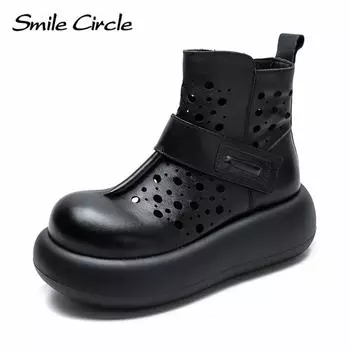 Женские сапоги из натуральной кожи с круглым носком, увеличивающие рост, на толстой подошве, модные удобные сапоги 35 чёрный