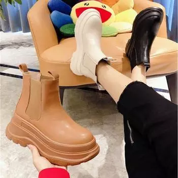 Женские сапоги из натуральной кожи с резьбой Женская обувь Ботинки челси Каблуки в стиле преппи Ботинки без застежек с круглым носком Botas Mujer 35 чёрный