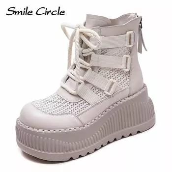 Женские сапоги из натуральной кожи с выемками для увеличения высоты сапог с толстой подошвой, модные повседневные ботильоны 34 бежевый