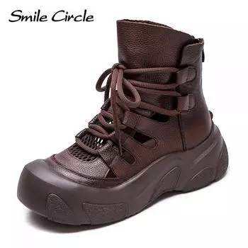 Женские сапоги из натуральной кожи с выемками для увеличения высоты сапог с толстой подошвой, модные повседневные ботильоны 35 чёрный