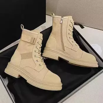 Женские сапоги из натуральной кожи, весна 2024, новые парусиновые сапоги с толстой подошвой и боковой молнией, плюшевые короткие сапоги для пустыни, женские сапоги 34