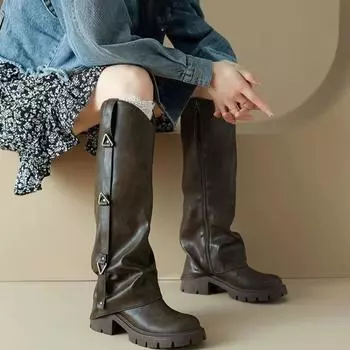 Женские сапоги Knigit до колена с металлической пряжкой и боковой молнией, на толстом среднем каблуке с круглым носком, с отворотом, модная обувь для девушек 35