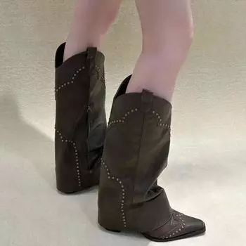 Женские сапоги-ковбойши, модные, элегантные, на квадратном каблуке, длинные, с заклепками, туфли, женская зимняя обувь в стиле ретро Botas Mujer45 35 хаки