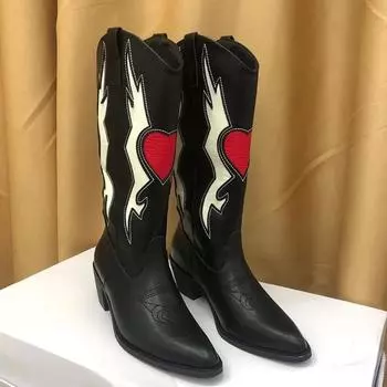 Женские сапоги Love Heart Mid Calf, женские, милые, ковбойские, на толстом каблуке, винтажные, модные, в стиле панк, в стиле вестерн, с вышивкой, Mujer 35 чёрный