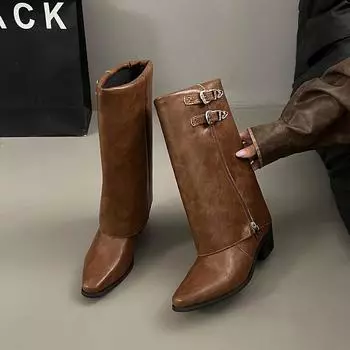 Женские сапоги модные осень-зима новые острые носки 2024 высокое качество трендовые до середины икры массивные дизайнерские женские мотоциклетные сапоги 35 чёрный