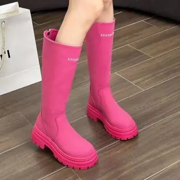 Женские сапоги, модные, повседневные, нескользящие, на молнии, сапоги до колена, женские, удобные, круглые, на платформе, из искусственной кожи, зимние сапоги для женщин 35