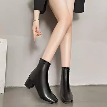 Женские сапоги, модные сапоги из искусственной кожи на среднем каблуке, женские, новинка 2024 года, осень-зима, квадратный носок, молния сзади, повседневные туфли на высоком каблуке 35 абрикосовый