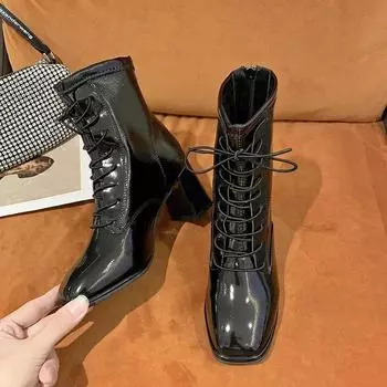 Женские сапоги Модные туфли на высоком каблуке Женская обувь Ретро Туфли на толстом каблуке с квадратным носком Черные туфли на шнуровке Chelsea Botines Mujer 35 бежевый