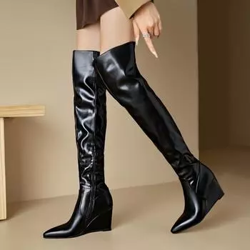 Женские сапоги на каблуке с уклоном, осенне-зимние, новые удобные универсальные повседневные сапоги большого размера с острым носком 34 белый