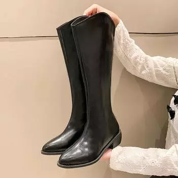 Женские сапоги на молнии, осенние пуанты, женские сексуальные туфли на каблуках, высокие сексуальные резиновые заостренные белые 2024 выше колена 35 чёрный