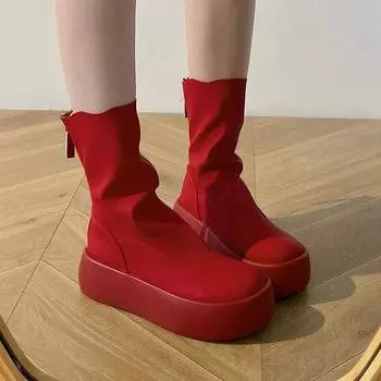 Женские сапоги на молнии с толстой подошвой, модные и универсальные, однотонные, красные, короткие сапоги на осень 35 бежевый