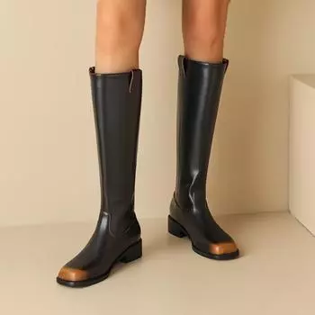 Женские сапоги на низком каблуке. Новые осенне-зимние сапоги из коровьей кожи высокого качества на толстом каблуке. Удобные дышащие сапоги большого размера. 34 чёрный