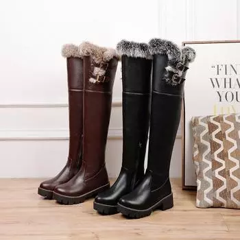 Женские сапоги на низком каблуке, осенне-зимние, новые, однотонные, плюшевые сапоги большого размера на толстом каблуке 34