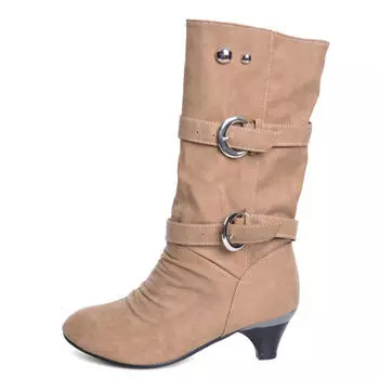 Женские сапоги на низком каблуке, осенние сапоги до середины икры с пряжкой, элегантные туфли-лодочки без застежек, женские, размер 35-39, 2585 3 жёлтый